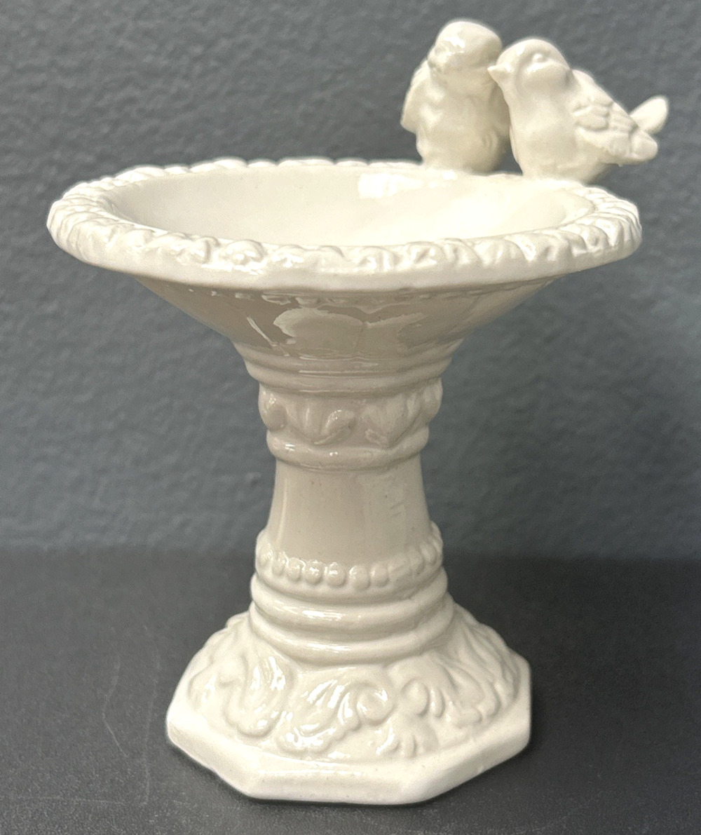 Ceramic Gloss White Miniature Bird Bath Trinket Dish Decor Fairy Garden 4.25"